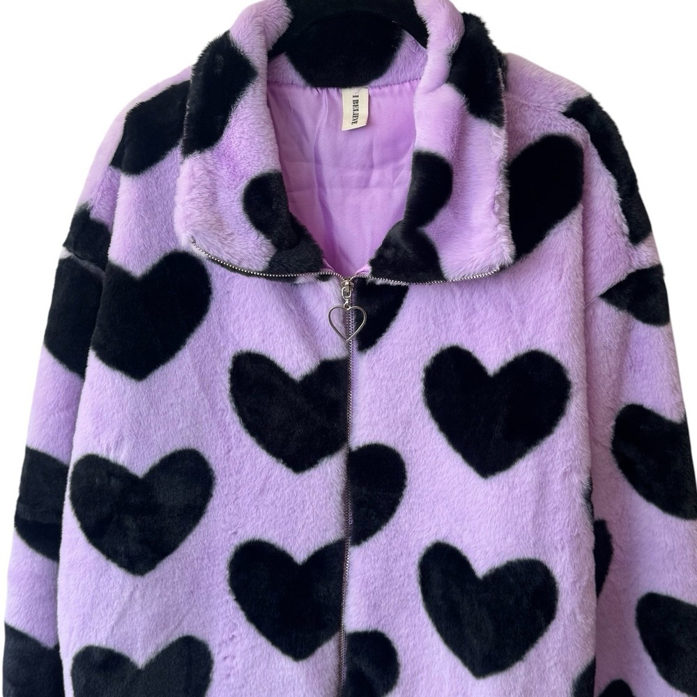 NEW I Believe Purple Heart Fuzzy Bomber Jacket Feminine Cozy Special Occasion 1X - Picture 3 of 11